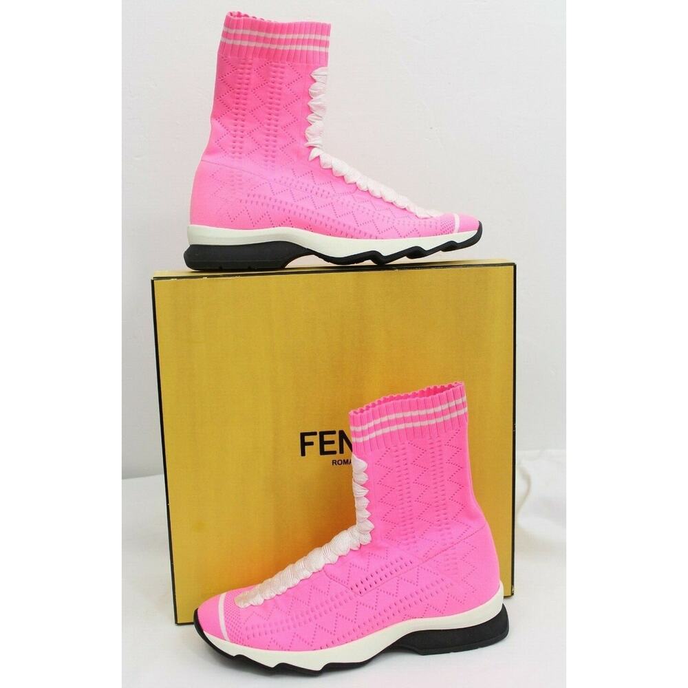 FENDI ROCKOKO Sock Zigzag Knit High Top Sneakers Pink 37/ 7 RP $880